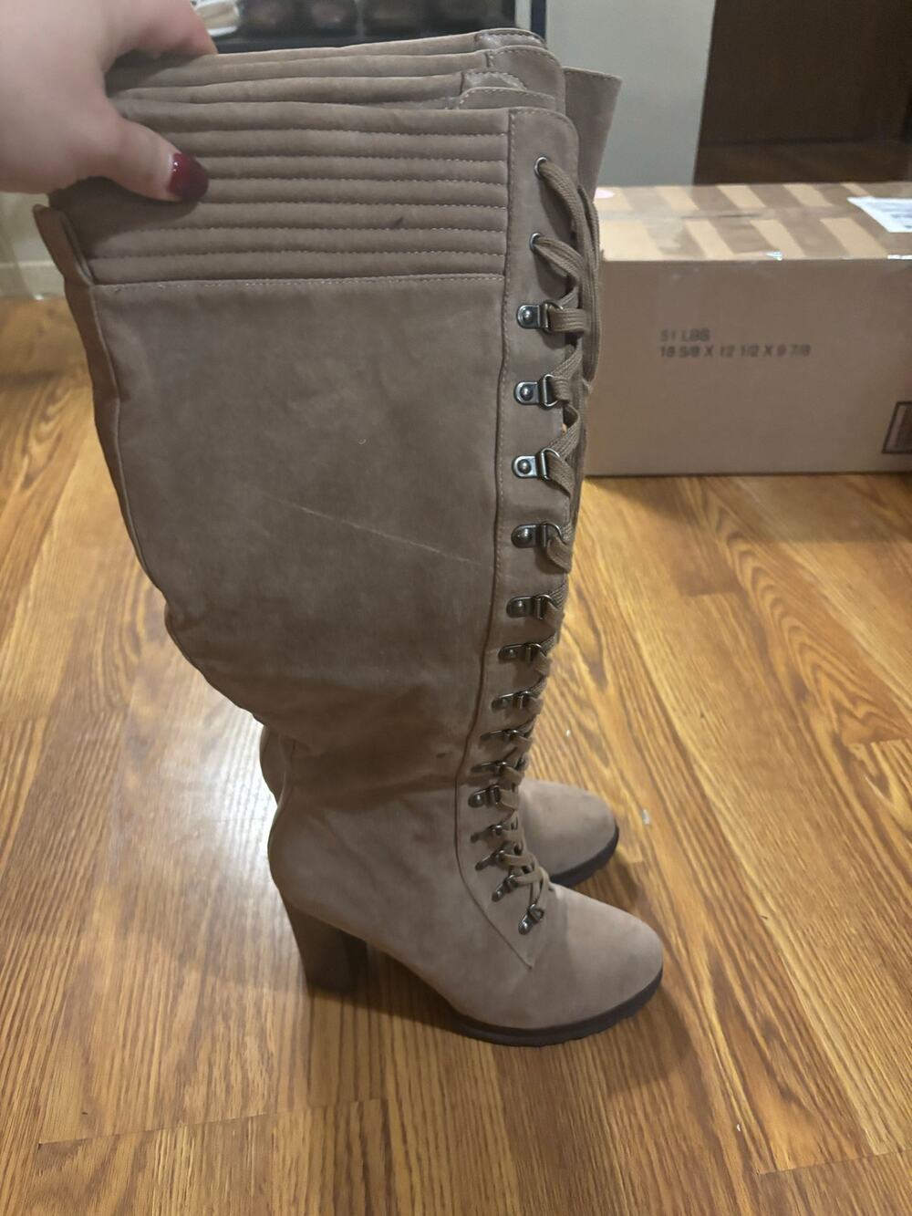 NWOT Light Brown Faux Suede Lace up Block Heel Knee High Fall Tall Boots